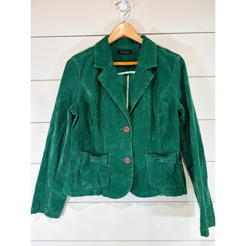 Context Women Large Green Corduroy Jacket w/Bow Pockets and Brown Flower Buttons